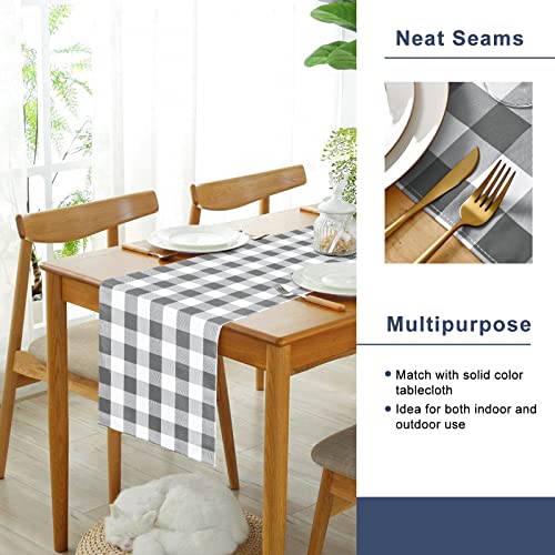 Waterproof Buffalo Plaid Table Runner - Grey & White, 72x14 Inches, Farmhouse Style