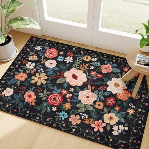 2x3 Floral Washable Indoor Door Mat - Non-Slip Low Pile Entryway Rug