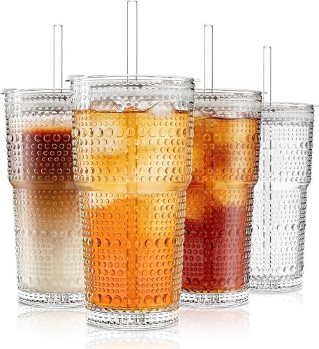 20 oz Hobnail Glass Tumblers with Lids and Straws - 4 Piece Set