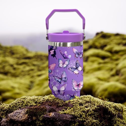 Purple Butterfly 30 OZ Insulated Tumbler with Handle & Flip Straw Lid - Leak Proof