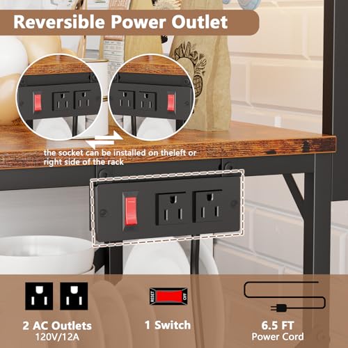 4-Tier Kitchen Baker's Rack with Power Outlet & Coffee Bar Stand, Rustic Brown