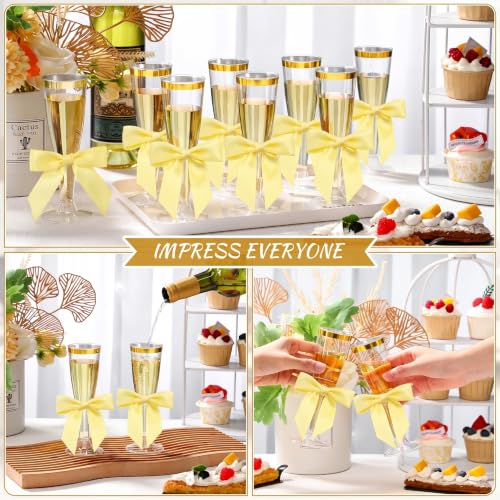 Zopeal 200 Pcs Gold Champagne Flute & Bow Set Gold Rim - Shatterproof Plastic Glasses