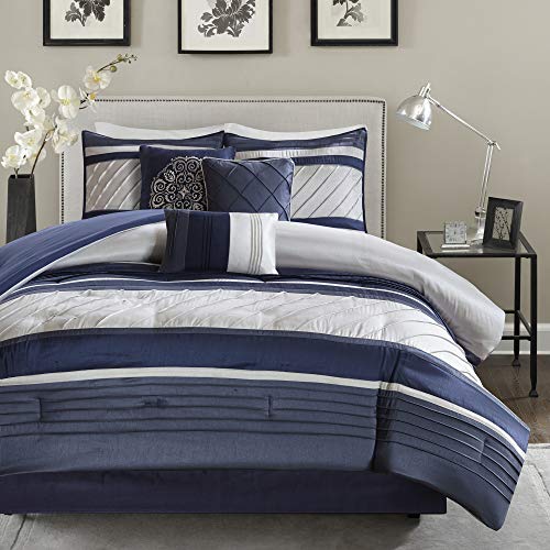 Faux Silk Navy Queen Comforter Set, 7pc - All Season Bedding