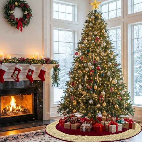 CYAOOI 72 Inch Extra Large Velvet Christmas Tree Skirt with Gold Glitter Trim