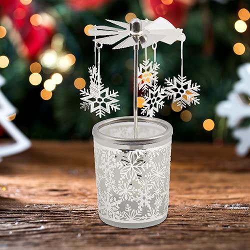 MaMeMi Snowflake Tealight Candle Holder Carousel – Glass Wind Light, 5.9", Tealight Included
