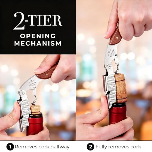 Rosewood Zulay Kitchen Corkscrew Wine Opener - Premium Stainless Steel & Double Hinge, Foil Cutter, Cap Remover - Medium