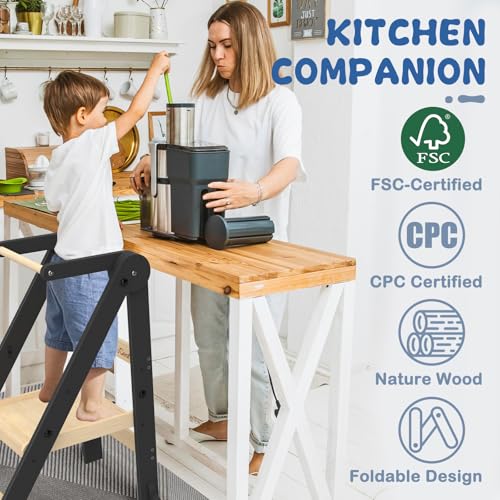 Foldable Toddler Kitchen Stool - 3-Height Adjustable Wooden Learning Tower