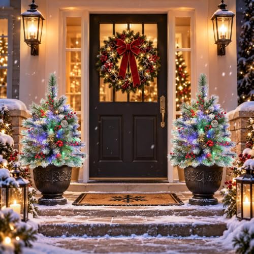 Set of 2 Outdoor Christmas Tree with LED Lights 25.6 Inch Frosted Pine Decor