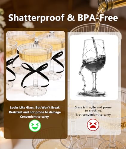 Black Acrylic Champagne Tower Set - 20 Unbreakable Flutes with Bows & Dots