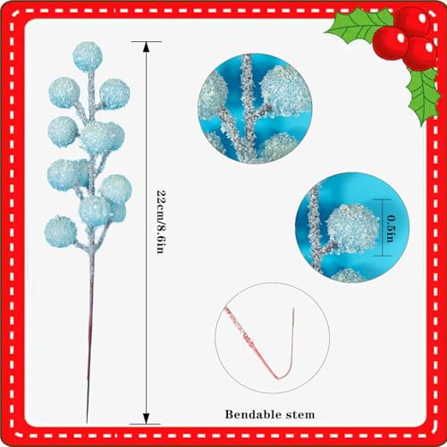 Artificial Snow Berry, 24 pcs Christmas Berries Stems, Artificial Christmas Picks, Berries Stems for Xmas Tree Ornaments Wreath Decorations Home (Light Blue)