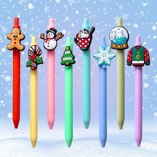 Christmas Pens 8-Pack Festive Holiday Stationery with Gingerbread Snowman & Candy Cane Tops - Office & Gift