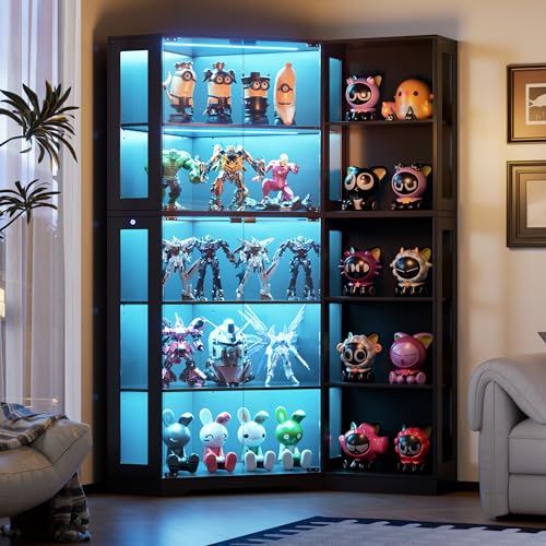 Corner Glass Display Cabinet with LED Lights and Adjustable Shelves