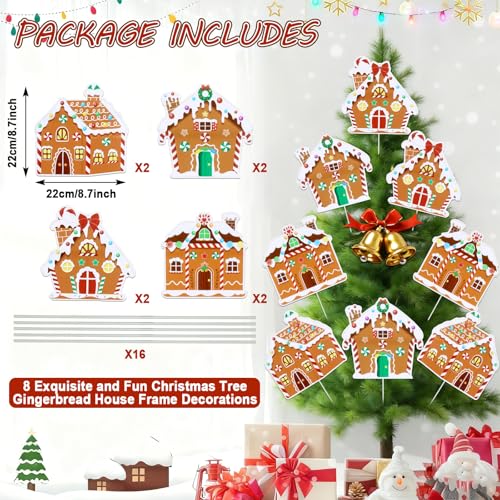 8 Pack Gingerbread House Christmas Ornaments with Tree Picks – Large 8.7x8.7in, 22cm