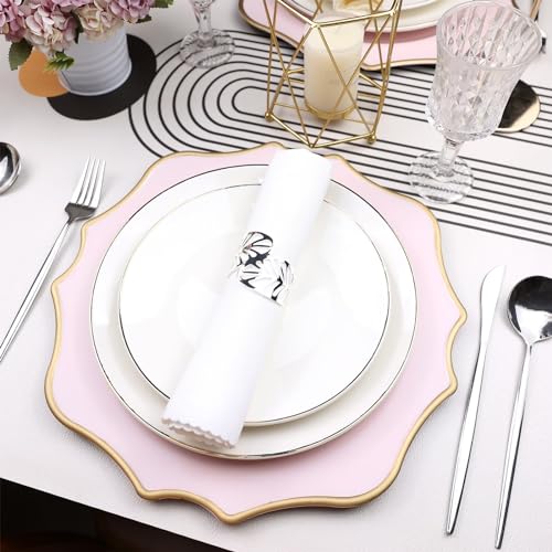 Omuriko 12-Piece Pink Scalloped Plastic Dinner Plate Set for Weddings & Holidays, 13 Inch