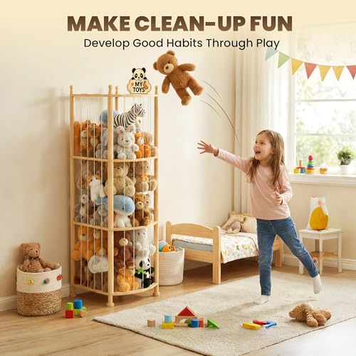 Vertical Stuffed Animal Storage Tower - Solid Pine Wood Toy Organizer