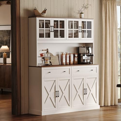Tall Farmhouse Kitchen Pantry Cabinet with Charging Station and 2 Drawers