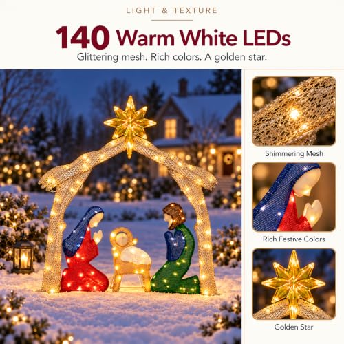 Outdoor Nativity Scene with Lights - 48 Inch Christmas Manger Display with 140 LEDs