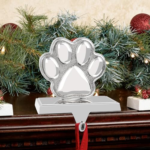 2-Pack Dog Paw Christmas Stocking Holders, Silver Metal Mantel Hangers