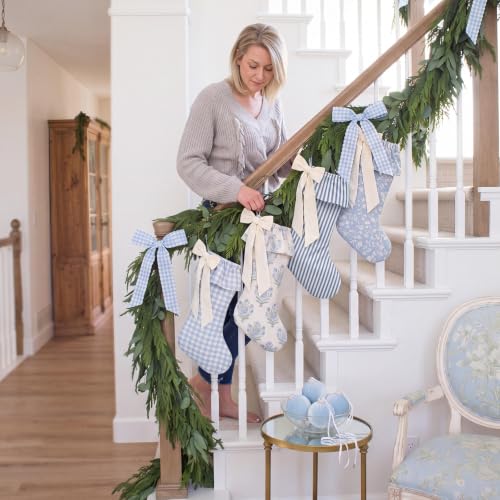 Twistover 4 Pack Blue Gingham Floral Christmas Stockings with Ruffled Cuffs & Bows