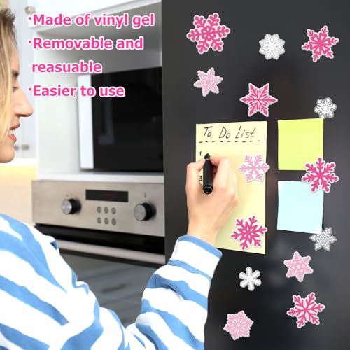 Whaline 30Pcs Pink White Snowflake Thick Gel Clings Christmas Winter Window Gel Decals for Xmas Winter Party Home School Office Decor