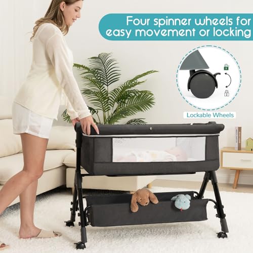 3-in-1 Portable Baby Bassinet & Bedside Sleeper with Wheels - Dark Grey