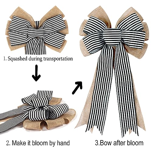 Black & White Striped Burlap Wreath Bows - Rustic Farmhouse Decor (2 Pack)