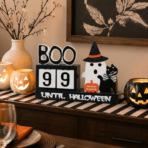 Wooden Halloween Countdown Calendar with Movable Number Blocks & Ghost Decor