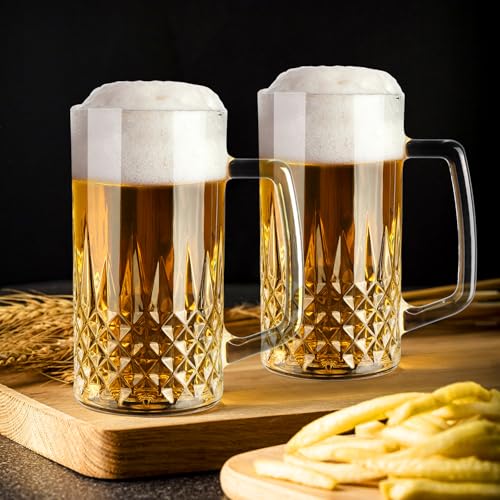 20oz Crystal Beer Mugs with Handle - Set of 2 Freezer-Safe Glass Steins