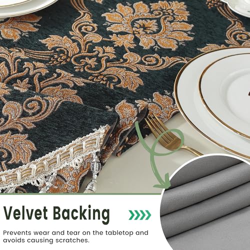 Dark Green Floral Jacquard Table Runner with Multi-Tassels - Elegant Home Decor