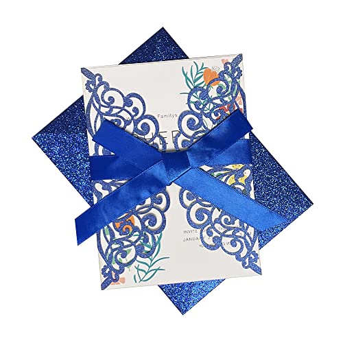 Fashmade Blue 50Pcs Laser Cut Wedding Invitations with Glitter Envelopes & Ribbons (Blank Inside) 5x7 in