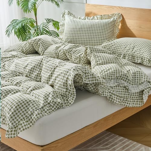 Sage Green Gingham Duvet Cover Set Queen, 3-Piece Soft Microfiber Ruffle Bedding