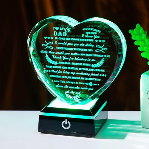 Dad Gifts from Daughter Son with LED Heart Crystal Keepsake | Dad from Daughter Son Gift with Colorful Base