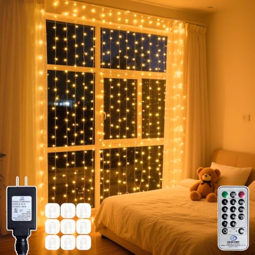 300 LED Warm White Curtain String Lights - 9.8x9.8FT, 8 Modes & Timer