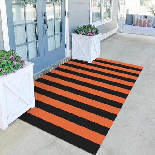 KILOCOCO 4x6 ft Fall Orange & Black Striped Woven Door Rug Halloween Decor