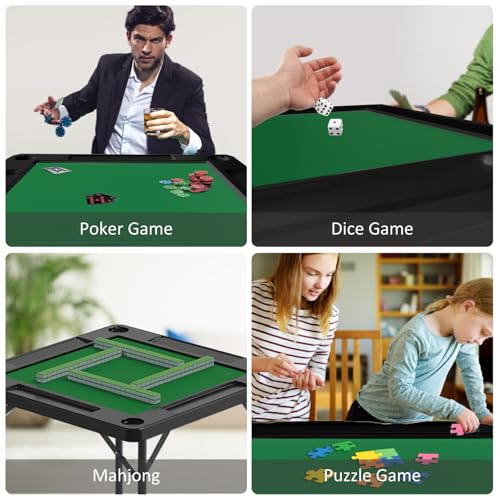 35.4-Inch Folding Mahjong Table with Green Felt, Cup Holders & Chip Trays