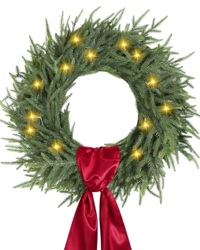 23" Norfolk Pine Wreath - Pre-Lit Front Door Decor, Hecaty 23inch