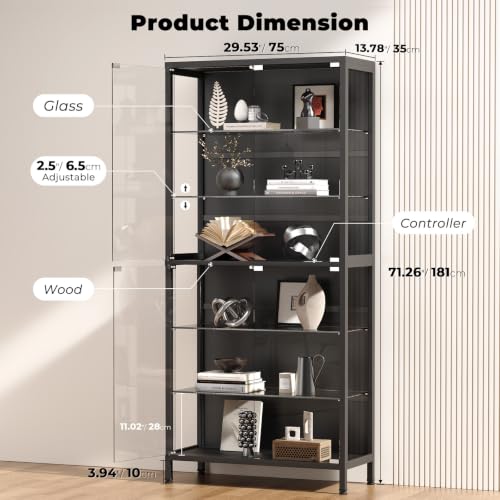 71-Inch 6-Tier Glass Display Cabinet with LED Lights and Motion Sensor