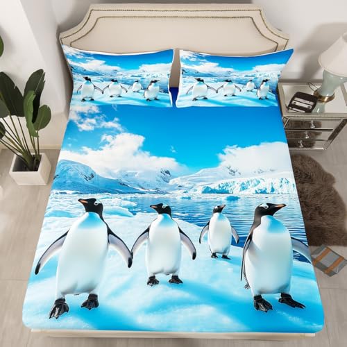 Manfei Blue Queen Fitted Sheet Set with Pillowcases, Cartoon Penguin Snow Mountain Bedding, Kids Girls Bedroom Decor, 60x80 Inches