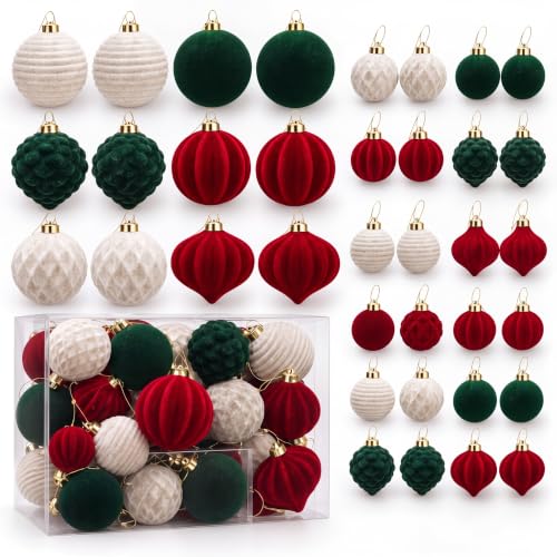24 Pack Velvet Christmas Ornaments - Flocked Holiday Ball Decor in Cream, Green, Red