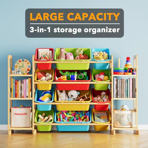 Kids Toy Storage Organizer with 12 Bins and Bookshelf, Pine Wood