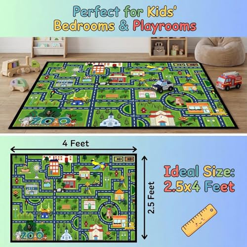 Kids City Life Road Play Rug - 2.5x4 Feet Non-Slip Educational Traffic Mat