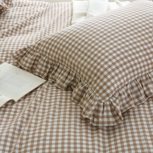 Taupe Plaid Gingham Ruffle Duvet Cover Set - 100% Washed Cotton Queen Size