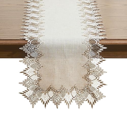 Natural Linen Table Runner 16 x 72 Inches Beige Lace for Dining & Decor