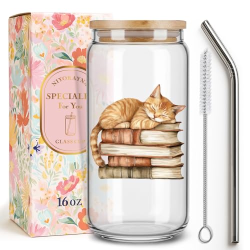 Niyorayna 16oz Glass Drinking Cup with Lid & Straw - Cute Cat Bookish Gift for Women, Mom, Sister, Book Lovers