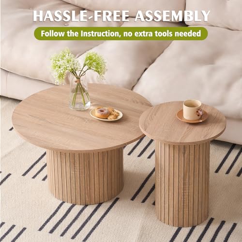 Round Nesting Coffee Table Set of 2, Modern Fluted Wooden Accent Tables