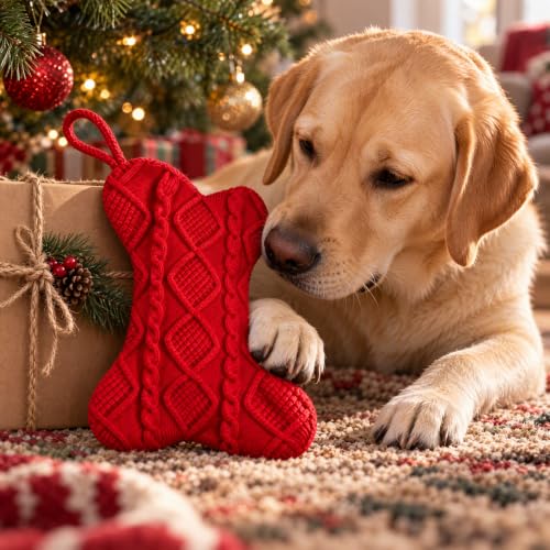 Bone-Shaped Dog Christmas Stocking 3-Pack with Cable Knit, Large 16.5 x 9.6 in