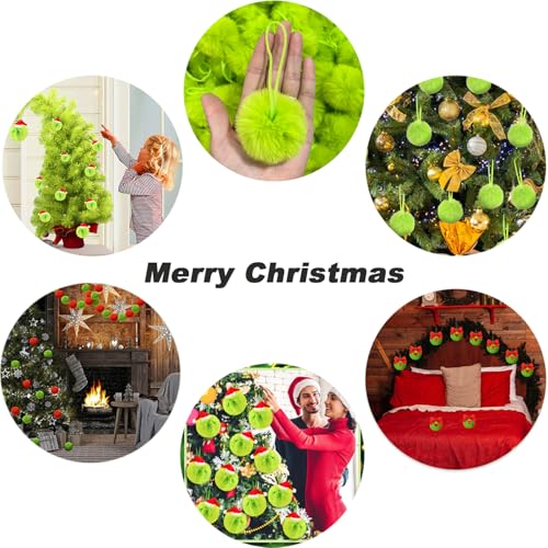 Lime Green Furry Christmas Balls Ornaments with Santa Hat - 6 Pack (Chewarelly) Lime Green Santa Hat – 6