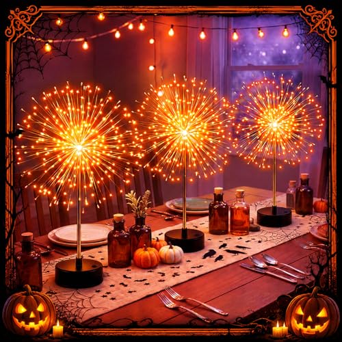 Halloween Firework Lights Table Centerpiece - 3 Pack Orange LED Decorative Decor