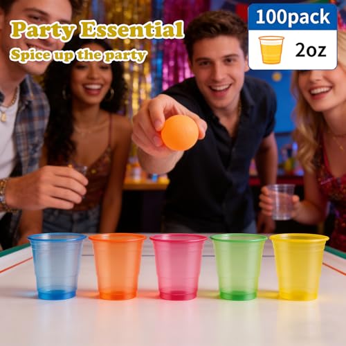 Neon 2 oz Plastic Shot Glasses 100 Pack - Colorful Disposable Party Cups