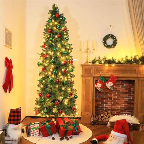 Justforjoyful 31-Pcs 6 Ft Slim Christmas Tree with 200 LED Warm White Lights, Red & Green Ornaments, Metal Stand